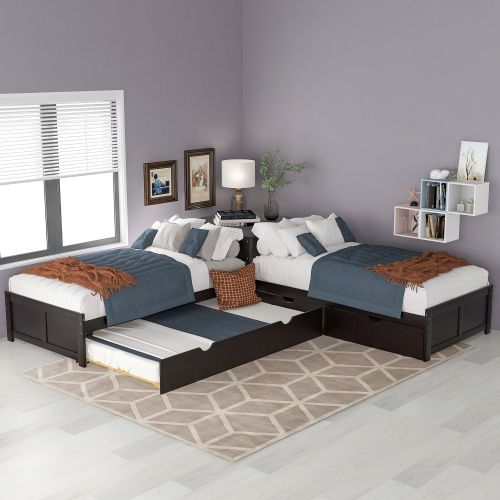 L-shaped Platform Bed with Trundle and Drawers Linked with built-in Desk,Twin,Espresso L-shaped Platform Bed with Trundle and Drawers Linked with built-in Desk,Twin,Espresso