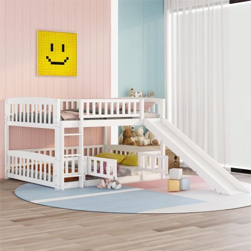 Bunk Bed with Slide,Full Over Full Low Bunk Bed with Fence and Ladder for Toddler Kids Teens White Bunk Bed with Slide,Full Over Full Low Bunk Bed with Fence and Ladder for Toddler Kids Teens White