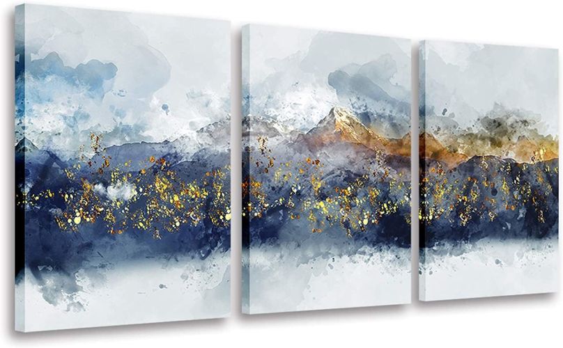 Abstract Wall Art for Living Room Navy Blue and Gold Mountain Abstract Watercolor Pictures for Bedroom Bathroom Wall Decor 3 Piece Abstract Wall Art for Living Room Navy Blue and Gold Mountain Abstract Watercolor Pictures for Bedroom Bathroom Wall Decor 3 Piece