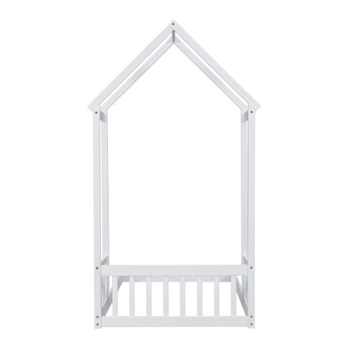 Twin House-shaped Roof Headboard Floor Bed,,(without slats),White Twin House-shaped Roof Headboard Floor Bed,,(without slats),White