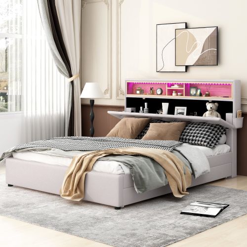 Queen Size Upholstered Platform Bed with Storage Headboard, LED, USB Charging and 2 Drawers, Beige Queen Size Upholstered Platform Bed with Storage Headboard, LED, USB Charging and 2 Drawers, Beige