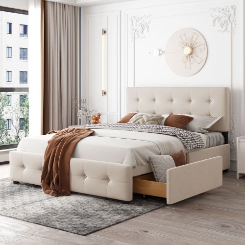 Upholstered Platform Bed with Classic Headboard and 4 Drawers; No Box Spring Needed; Linen Fabric; Queen Size Upholstered Platform Bed with Classic Headboard and 4 Drawers; No Box Spring Needed; Linen Fabric; Queen Size